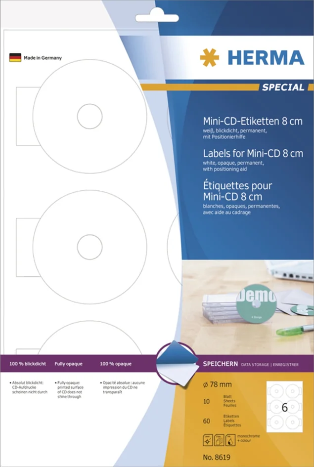 HERMA Etiquette pour mini CD/DVD SPECIAL, diamètre: 78 mm - OEM 8619