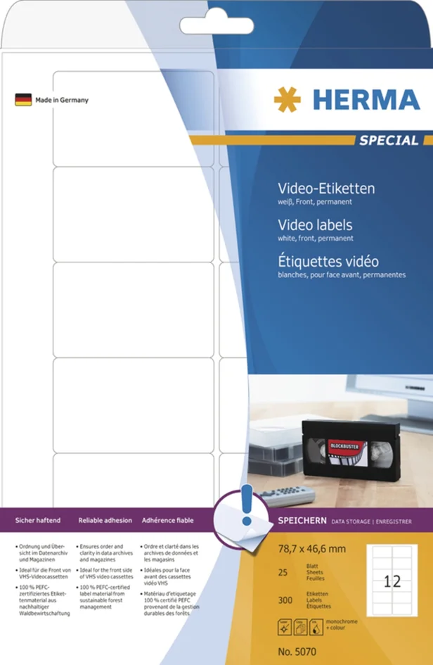 HERMA Etiquette pour cassettes vidéo SPECIAL, 78,7 x 46,6 mm - OEM 5070