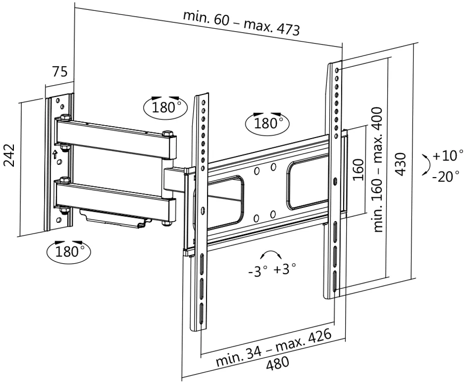 LogiLink Support mural pour TV Full Motion, 81,28 - 139,7 cm