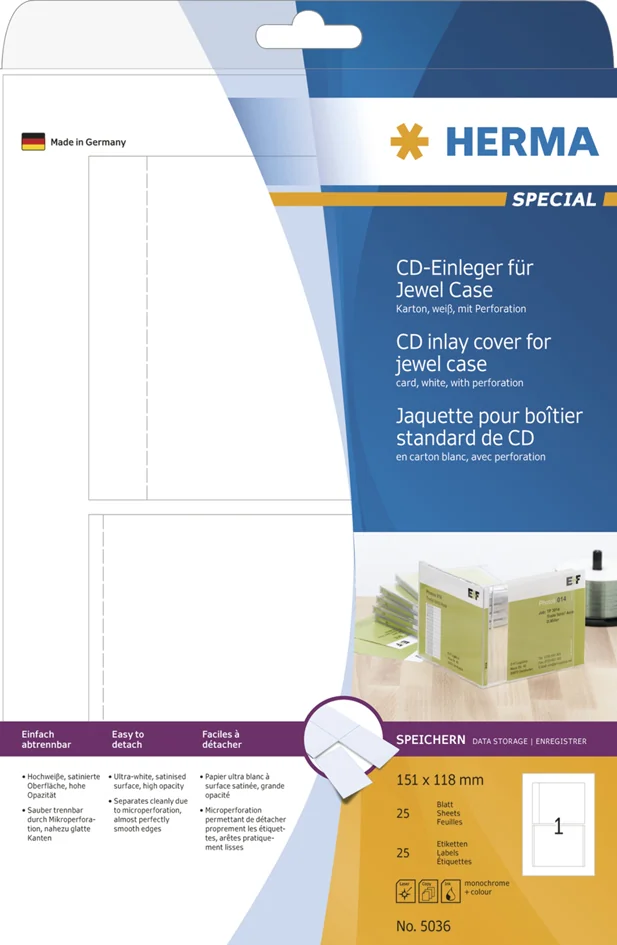 HERMA Jaquette pour boîtier standard de CD, 151 x 118 mm, - OEM 5036