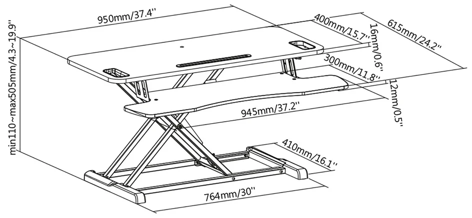 DIGITUS Garniture de bureau assis/debout, hauteur réglable, (L)950 x (P)610 x (H)110 mm - OEM DA-90380-1