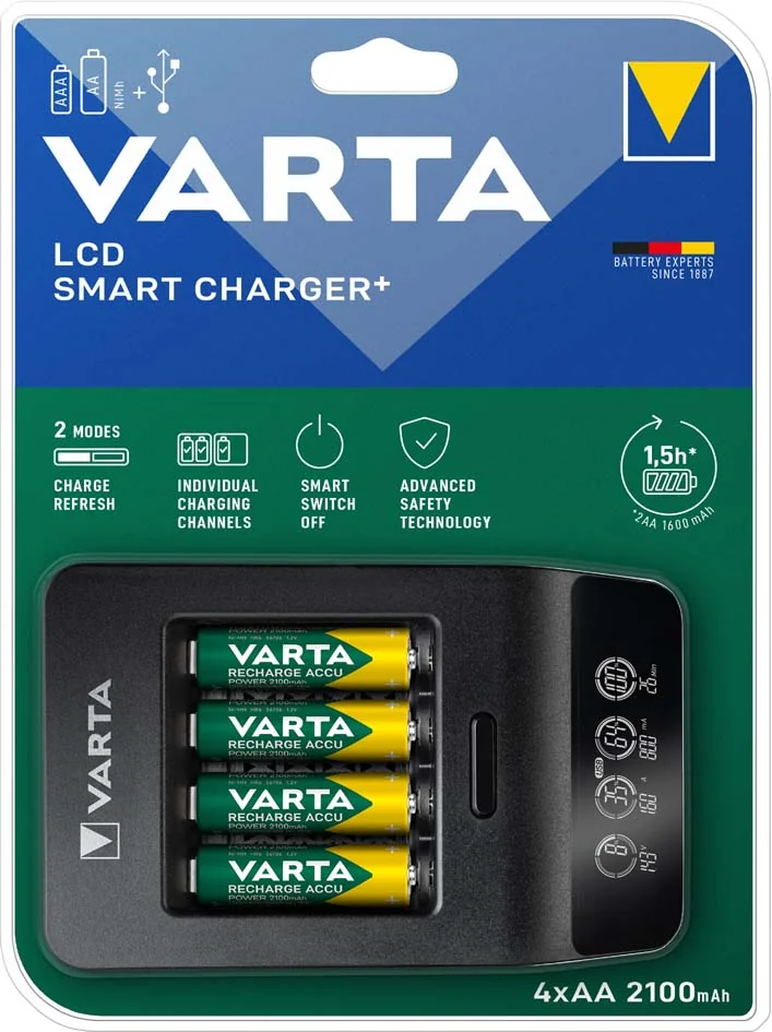VARTA Chargeur LCD Smart Charger+, 4x piles Mignon AA incl.