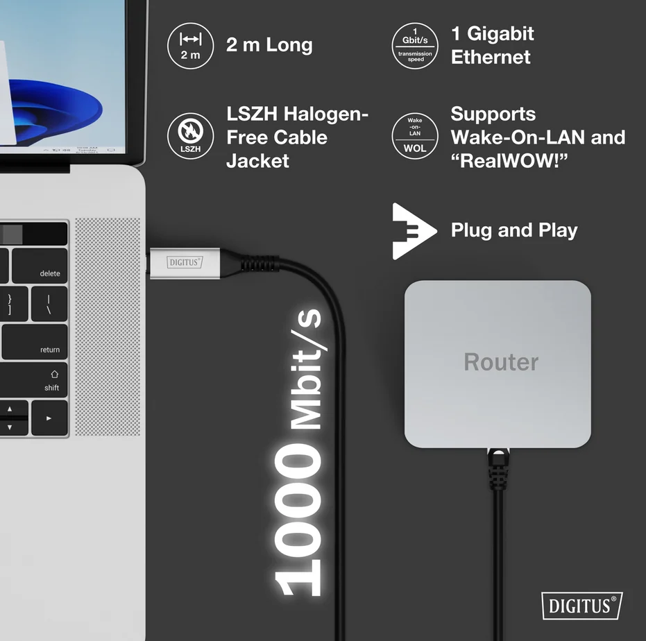DIGITUS Câble Ethernet USB 3.2, USB-C - RJ45 mâle, 15 m - OEM AK-300601-150-S