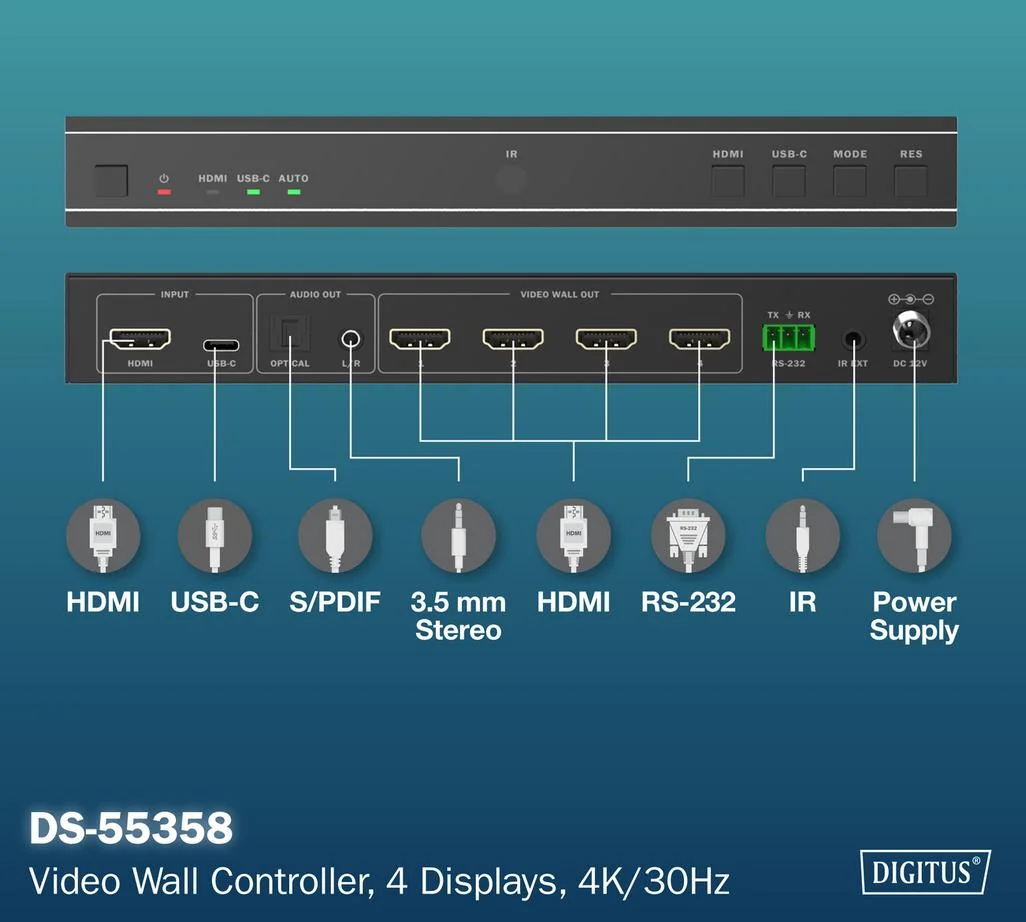 DIGITUS Contrôleur de mur vidéo 4K HDMI, noir - OEM DS-55358