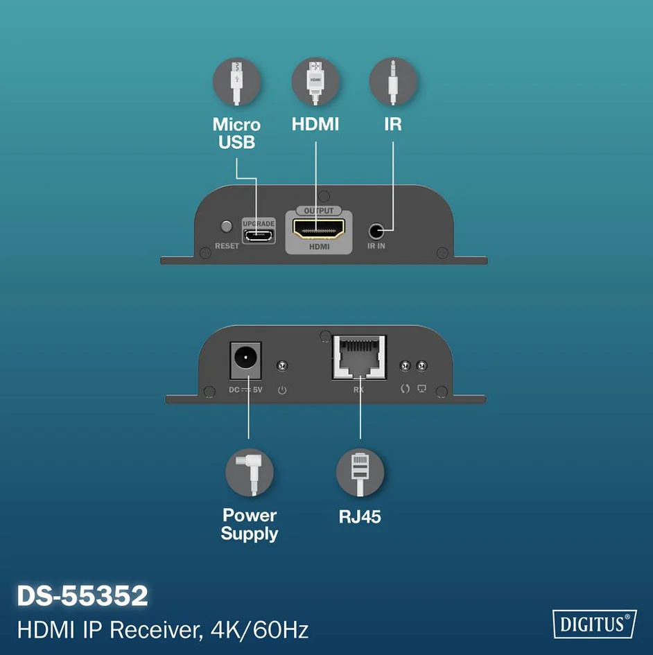 DIGITUS Récepteur IP HDMI 4K, 4K/60Hz, 120/200 m, (L)94 x (P)97 x (H)24 mm - OEM DS-55352 3 DIGITUS Récepteur IP HDMI 4K, 4K/60Hz, 120/200 m, (L)94 x (P)97 x (H)24 mm - OEM DS-55352 – Image 3