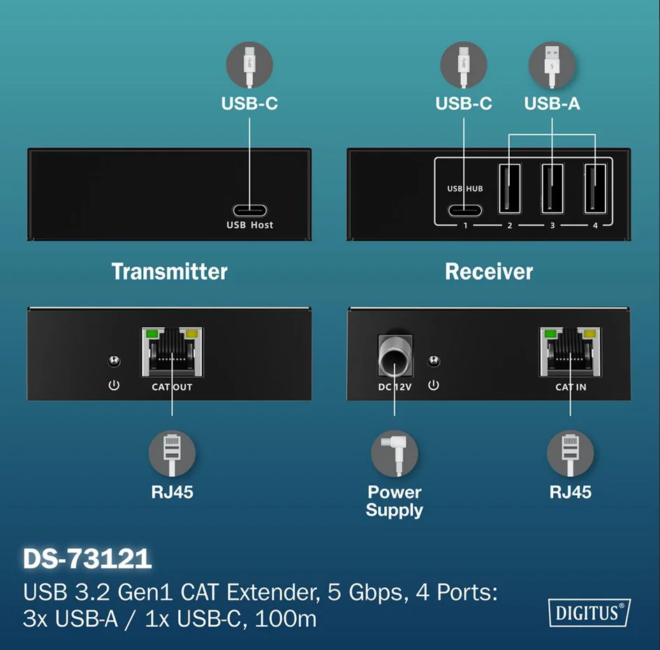 DIGITUS Extenseur USB 3.2 Gen1, 5 Gbps, 4 ports, noir - OEM DA-73121 3 DIGITUS Extenseur USB 3.2 Gen1, 5 Gbps, 4 ports, noir - OEM DA-73121 - Afbeelding 3
