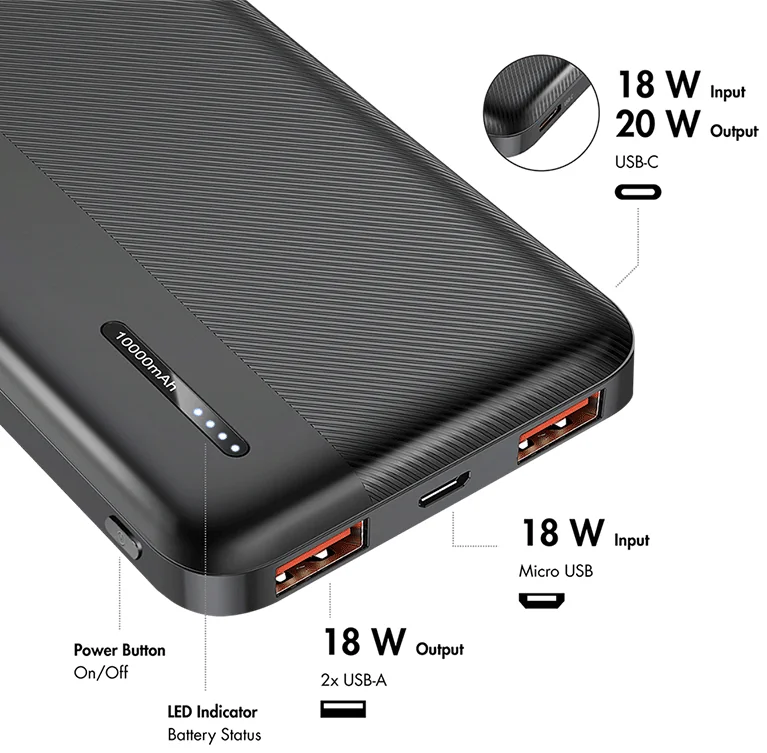 LogiLink Powerbank, 10.000 mAh, 2x USB-A, 2x USB-C, noir - OEM PA0372
