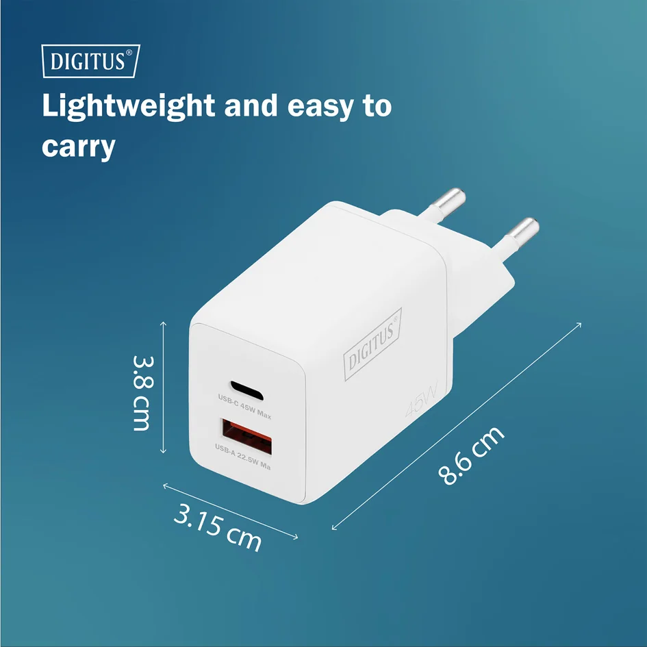 DIGITUS Chargeur secteur USB GaN, USB-C/USB-A, 45 W, blanc - OEM DA-10302