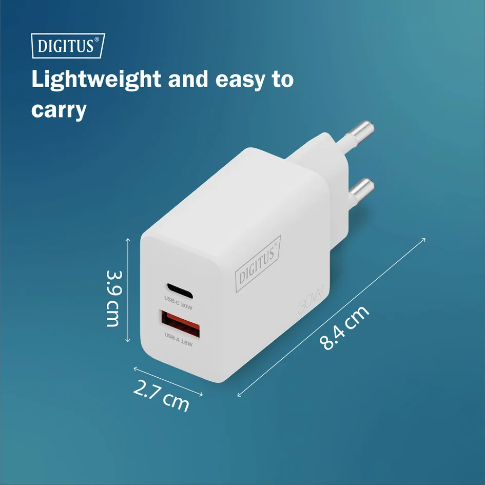 DIGITUS Chargeur secteur USB GaN, USB-C/USB-A, 30 W, blanc - OEM DA-10301