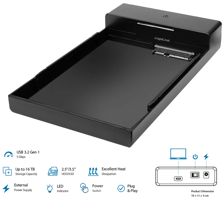 LogiLink Boîtier USB 3.2 pour disque dur, HDD/SSD, 5 Gbps - OEM UA0460